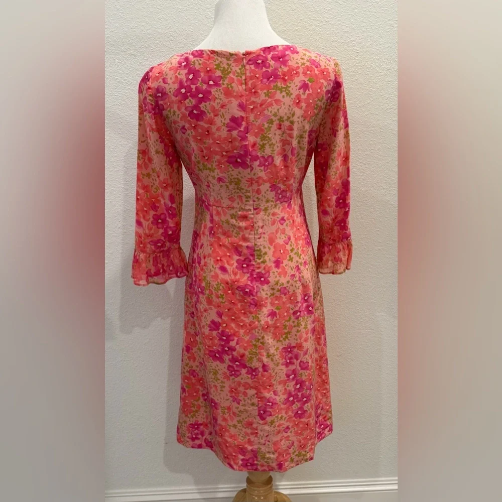 Vintage Maggy London 100% Silk Floral Midi Dress 4 Ruffle Tie Front Pink‎ Garden